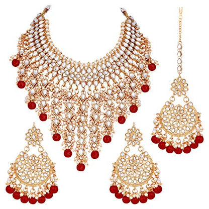 Aheli Elegant Indian Wedding Wear Faux Kundan Studded Choker Necklace with Maang Tikka Set Ethnic Fashion Jewelry for Women Maroon Kundan & Pearl Drop - color: Maroon 5