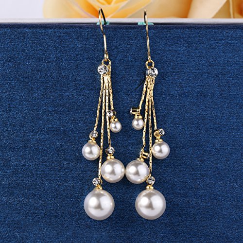 EleQueen Women's Silver-tone Crystal Simulated Pearl 4 Chain Bridal Long Dangle Hook Earrings Ivory Color - color: A-Gold-tone
