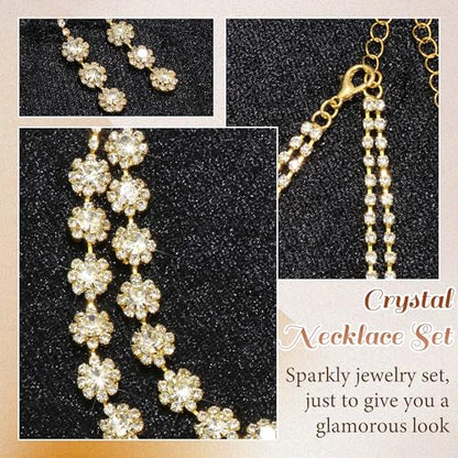 Rhinestone Jewelry Set Crystal Pearl Necklace Bracelet Earrings | Sparkly Necklace Dangle Earrings,Wedding Prom Formal Costume Jewelry Sets for Women - color: Gold7
