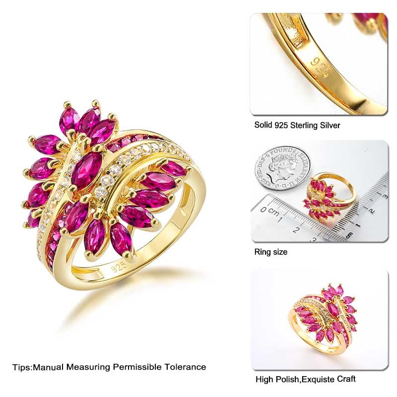Statement Flower Ring Cocktail Leaf Ring Birthstone Anniversary Signet Ring | Hypoallergenic|14K Gold Plated|Sterling Silver Sparkling Engagement Promise Party Ring for Women, Size 6 to 10(With Box) - color: Leaf - Ruby