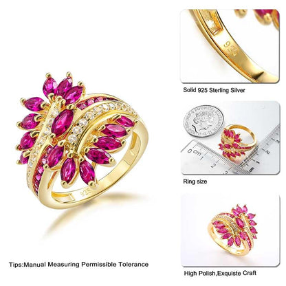 Statement Flower Ring Cocktail Leaf Ring Birthstone Anniversary Signet Ring | Hypoallergenic|14K Gold Plated|Sterling Silver Sparkling Engagement Promise Party Ring for Women, Size 6 to 10(With Box) - color: Leaf - Ruby