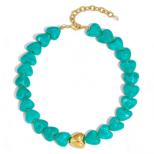 Chunky Beaded Necklace for Women Trendy Multicolor Resin Beads Choker Necklaces Boho Summer Statement Necklace Chunky Heart Jewelry - color: Heart necklace-blue