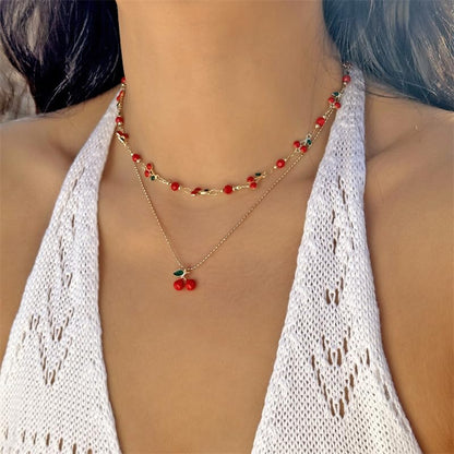Tiny Red Cherry Fruit Necklace Bracelet Anklet Sweet Cherry Pendant Double Layered Gold Chain - color: red cherry necklace