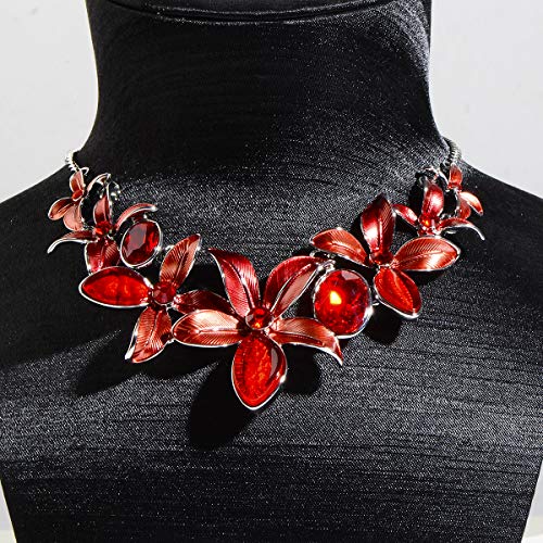 AMYJANE Vintage Statement Jewelry Set - Spring Leaf Flower Floral Plant Necklace Earring Set Crystal Rhinestone Fashion Costume Jewelry for Women Prom Party Unique Gift - style: Flower Jewelry Set Red
