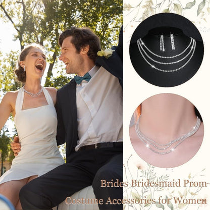 Gold Statement Choker Necklace for Women – Trendy Silver Long Layered Snake Chain Drop Necklace, Elegant Prom Party Jewelry Gift, Delicate Accessories for Her - color: B-Silver inlaid zircon necklace earrings two-piece set