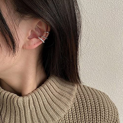 3Pcs 14K Gold Plated Cubic Zirconia Ear Cuffs for Non Pierced Ears Women, Hypoallergenic Sparkling Round Huggie Cartilage Earring Jewelry Gifts - color: silver