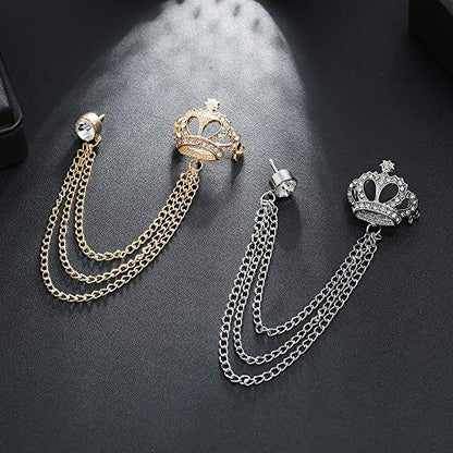Rhinestone Crown Long Chain Brooch.Gold Silver Tassel Brooch Pin,Retro Crystal Suit Pins Collar Coat Pin for Men's Accessories Pin Husband Gifts - color: Silver