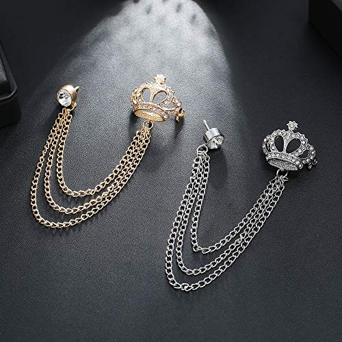 Rhinestone Crown Long Chain Brooch.Gold Silver Tassel Brooch Pin,Retro Crystal Suit Pins Collar Coat Pin for Men's Accessories Pin Husband Gifts - color: Gold