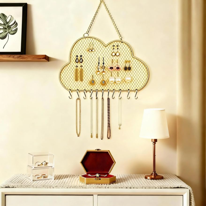 Heshouer Cloud-shaped Earring Wall Holder, Gold | Wall Mounted, 10 Hooks & Small Grid, Hanging Display Stand, For Earrings Necklace, Decorative Bedroom Closet Home Decor - size: Cloud-shaped