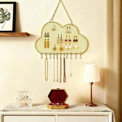 Heshouer Cloud-shaped Earring Wall Holder, Gold | Wall Mounted, 10 Hooks & Small Grid, Hanging Display Stand, For Earrings Necklace, Decorative Bedroom Closet Home Decor - size: Cloud-shaped