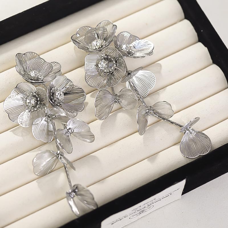 Gold Flower Dangle Earrings for Women Elegant Floral Drop Statement Jewelry Long Tassel Earrings - color: A-silver Flower Earrings