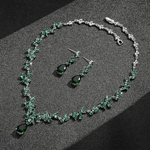 Jewelry Set for Women, Necklace Dangle Earrings Bracelet Set with White AAA Cubic Zirconia, Allergy Free Wedding Party Jewelry for Bridal Bridesmaid - color: Necklace + Earrings-White Gold-Green Emerald CZ