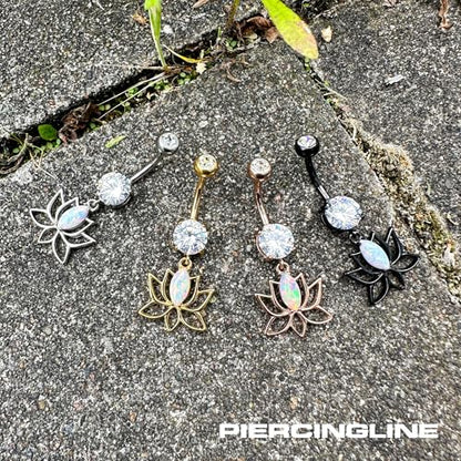 PIERCINGLINE Surgical steel belly button piercing dangle LOTUS BLOSSOM WITH SYNTHETIC OPAL 14 G belly button ring surgical steel belly piercing new version with improved durability - color: Rosegold-colored