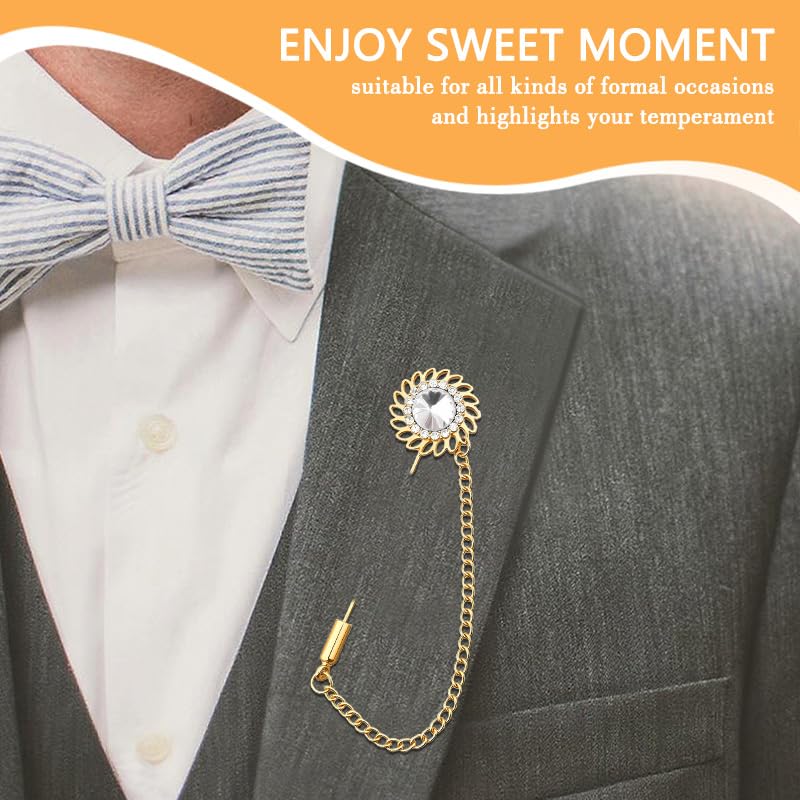 Mens Sunflower Lapel Pin Crystal Rhinestone Brooches for Men Hanging Chain Brooch Suit Pin Flower Lapel Pins for Men Wedding Business Party - color: White