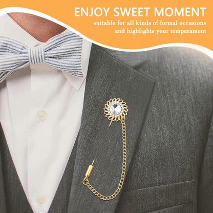 Mens Sunflower Lapel Pin Crystal Rhinestone Brooches for Men Hanging Chain Brooch Suit Pin Flower Lapel Pins for Men Wedding Business Party - color: White