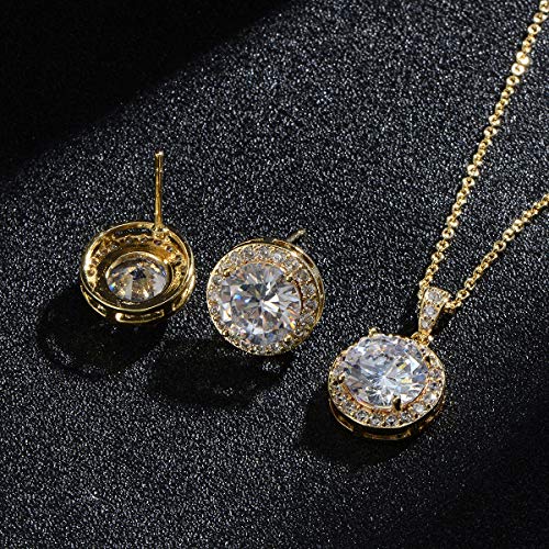 Bridal Crystal Jewelry Set - Sterling Silver Round Cubic Zirconia CZ Rhinestone Halo Birthstone Pendant Necklace Stud Earrings Set for Wedding Bride Bridesmaids Birthday Gift - color: Yellow Gold