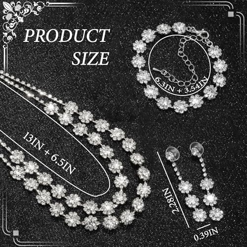 Rhinestone Jewelry Set Crystal Pearl Necklace Bracelet Earrings | Sparkly Necklace Dangle Earrings,Wedding Prom Formal Costume Jewelry Sets for Women - color: Silver7