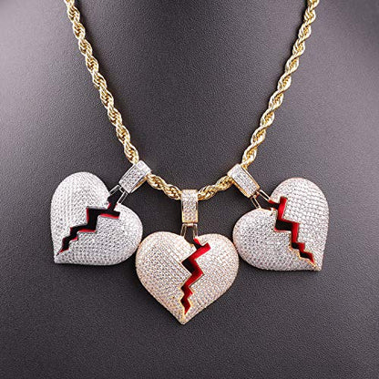 Broken Heart Pendant Necklace Hip Hop CZ Fully Iced Out Bling CZ Diamond 24K White Gold Plated with 24" Stainless Rope Chain - color: MIX Gold