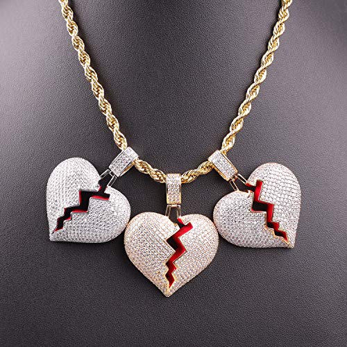 Broken Heart Pendant Necklace Hip Hop CZ Fully Iced Out Bling CZ Diamond 24K White Gold Plated with 24" Stainless Rope Chain - color: Gold