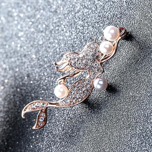 Elegant Mermaid Fish Lapel Brooch Pin Cubic Zirconia Rhinestone Faux Pearl Ocean Sea Animal Pins Clip Shawl Sweater Scarves Badges Brooches Pins Dainty Jewelry Gifts for Women Girls Clothes Accessories - color: Rose Gold