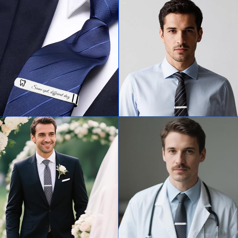 Silver Tooth Tie Clip Dental Dentist Gifts for Men Dental Hygienist Birthday Gifts for Him Tie Bars Clips Office Supplies - style: Same spit, different day