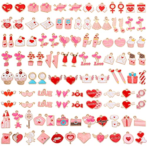 SANNIX 110Pcs Valentine's Day Charms Gold Enamel Jewelry Making Charm | Pink Pendants for Valentines Bracelet Necklace Earrings Making - style: Valentines Charms