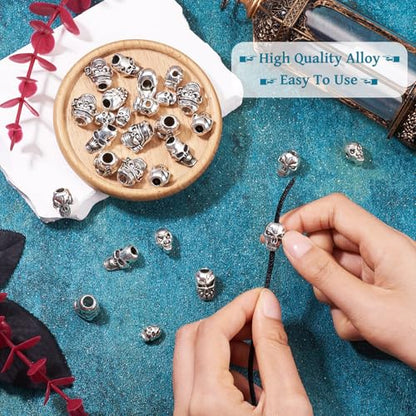 Elecrelive 28Pcs Antique Silver Skull Beads Halloween Skeleton Head Beads 7 Styles Gothic Charms for Necklace Bracelets Earrings Jewelry Making - color: Tibetan Silver