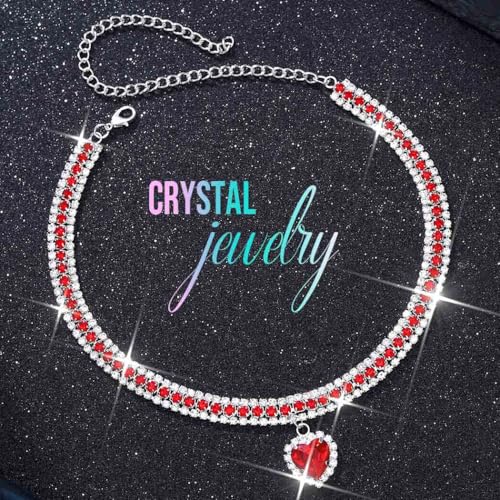 CLOACE Rhinestone Choker Necklace Heart Pendant Diamond Row Necklaces Sparkly Crystal Prom Chain Jewerly Accessories for Women - color: Red