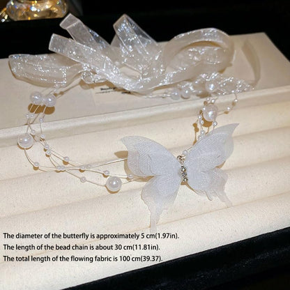 Lace Butterfly Necklace Dainty Pearl Beaded Bow Tie Ribbon Necklaces Long Elegant Lace Fairy Tassel Choker White Black Pink Blue Butterfly Choker Necklaces Cute Butterfly Jewelry Y2K Aesthetic Jewlery for Wedding Party Prom - color: White