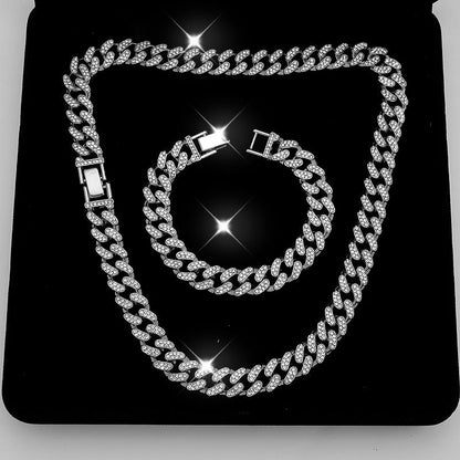 8 PcsCuban Link Chain jewelry sets for Woman with Rhinestone Necklace Bracelet Earrings Bling Diamond chunky Chain Jewelry - color: Silver B, size: 18inch