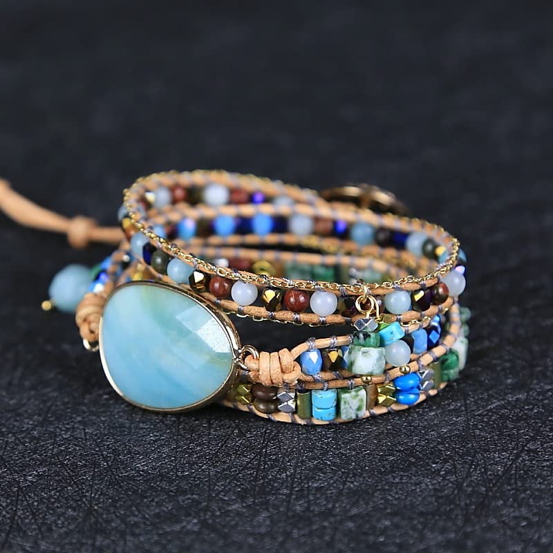 Women Wrap Bracelet Boho Natural Jasper Crystal Stone Beads Strand Bracelets - color: Style 16-Amazonite
