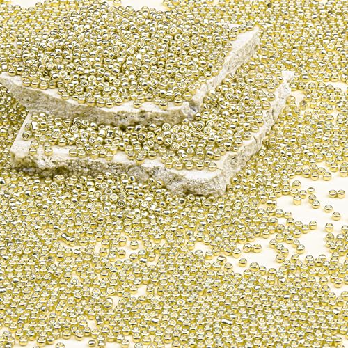 2mm Glass Seed Beads Bulk, Bright Gold 12/0 Tiny Round Seed Bead, Small Mini Pony Craft Beads for Bracelet Necklace Wrist Jewelry Making Beading Weaving DIY Crafts Supplies - color: Bright Gold