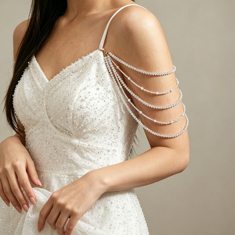 Pearl Arm Chain Wedding bridal Shoulder Jewelry Layered Prom Party Body Jewelry for Slide Dress Costume Accessory - color: Pearl Chain-2Pcs