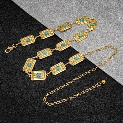 Waist Chain Belts Women Girls Metal Belly Link | Adjustable Waist Belt for Jeans and Dress - color: Gold Turquoise Square, size: L: 53.1 in