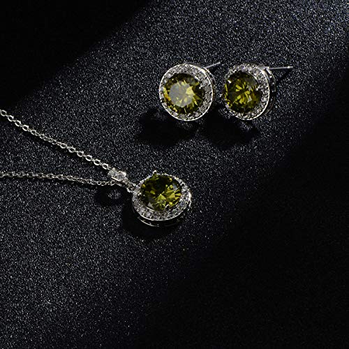 Bridal Crystal Jewelry Set - Sterling Silver Round Cubic Zirconia CZ Rhinestone Halo Birthstone Pendant Necklace Stud Earrings Set for Wedding Bride Bridesmaids Birthday Gift - color: Olive Green