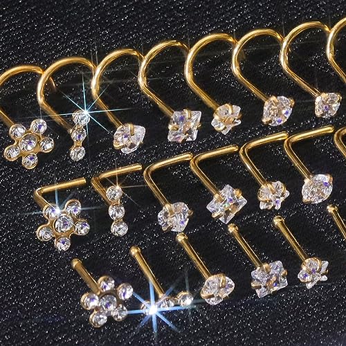 14k Gold Plated 316L Surgical Steel 22g/20g/18g Nose Rings Studs L-Shape Bone Screw Nostril Piercing 1.5mm 2mm 2.5mm 3mm 3.5mm 4.5mm CZ Nose Studs for Women - color: 20g 9pcs Bone Gold 316L Surgical Steel