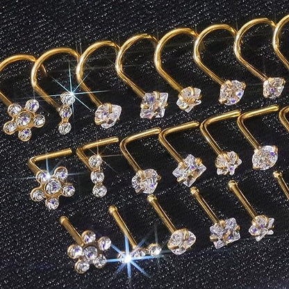 14k Gold Plated 316L Surgical Steel 22g/20g/18g Nose Rings Studs L-Shape Bone Screw Nostril Piercing 1.5mm 2mm 2.5mm 3mm 3.5mm 4.5mm CZ Nose Studs for Women - color: 20g 9pcs Bone Gold 316L Surgical Steel