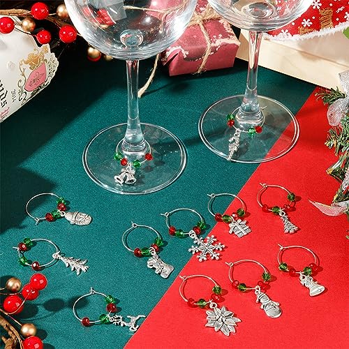 SUNNYCLUE 1 Box 12 Sets Christmas Wine Charms Silver Wine Glass Identication Charm Red Green Beads Brass Beading Hoops Rings Snowman Snowflake Party Drink Markers for Stemless Glasses - style: 12 Sets Silver Tone Christmas Wine Charms & Upgraded Gift Box