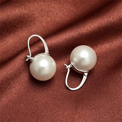 HUGE TOMATO Elegant 925 Sterling Silver Pearl Drop Earrings for Women, 14K Gold Plated Dangle Stud Earrings, Hypoallergenic Large Pearl Hoop Earring dangling 12mm - color: White