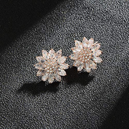 Crystal Flower Burst Stud Earirings - Big Sterling Silver CZ Cubic Zirconia Rhinestone Daisy Sunflower Floral Cluster Studs Bridal Wedding Party Prom Costume Jewelry for Bride Bridesmaids Women Birthstone Birthday Gift - color: Rose Gold