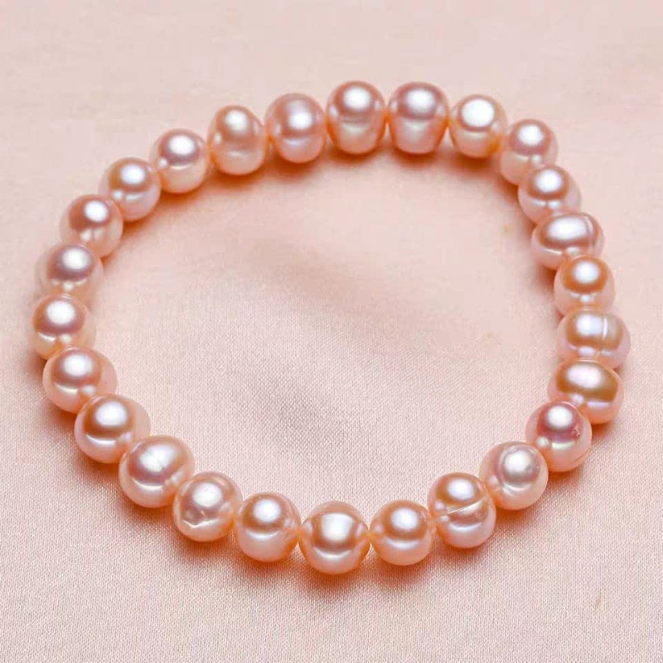 Handmade Women's Pearl Bracelet 7-8mm Freshwater Cultured Pearl Elasticated Bracelet Length 7.5In - color: Pink