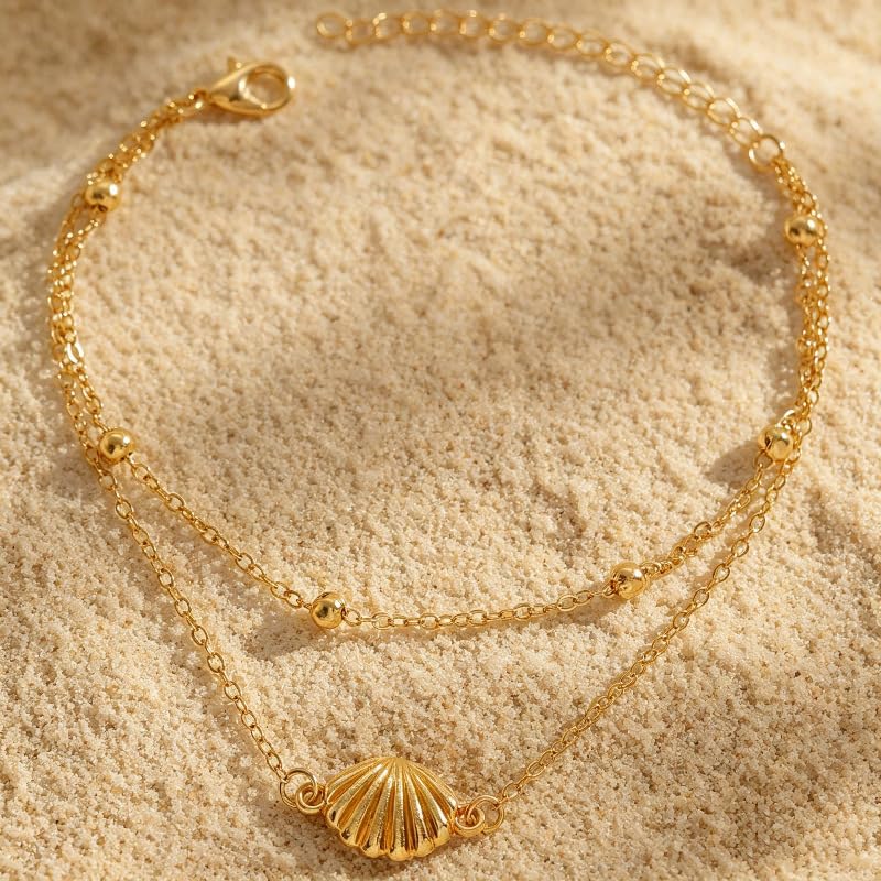 Gold Starfish Seashell Anklets Bracelets for Women Dainty Gold Layered Shell Link Chain Anklets Summer Conch Seashell Foot Bracelet Jewelry for Beach Vacation - color: gold2