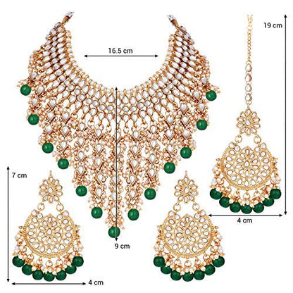 Aheli Elegant Indian Wedding Wear Faux Kundan Studded Choker Necklace with Maang Tikka Set Ethnic Fashion Jewelry for Women Maroon Kundan & Pearl Drop - color: Green