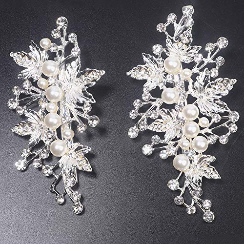 Rhinestone Pearl Alligator Bridal Hair Clips, Set of 2, Silver | For Wedding Prom, Leaf Design, Jewelry Headpiece for Women - color: Silver