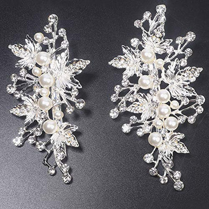 Rhinestone Pearl Alligator Bridal Hair Clips, Set of 2, Silver | For Wedding Prom, Leaf Design, Jewelry Headpiece for Women - color: Silver