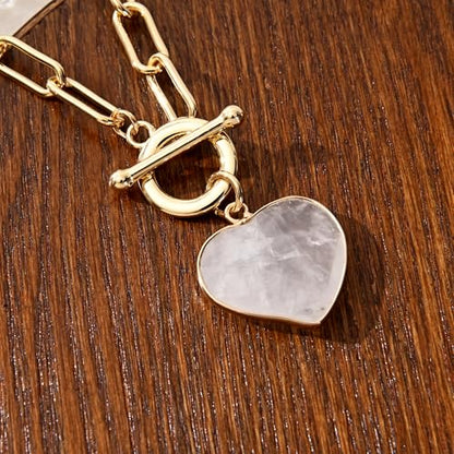 14K Gold Plated Two Sides Carved Stone Heart Shape Necklace for Women Love Pendant Necklace Jewelry for Daily and Gifts - color: pink quartz