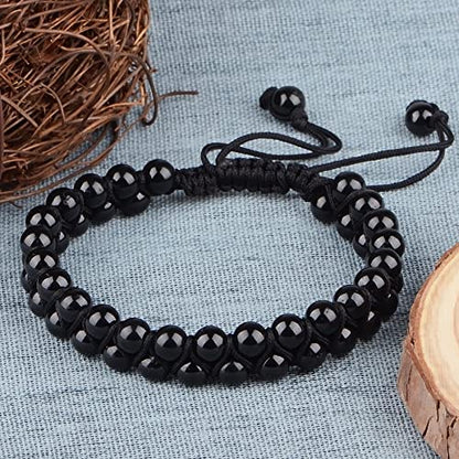 MASSIVE BEADS Double Layer Natural Chakra Healing Power Crystals Macrame Bracelet Yoga Stone Beads Gemstone Meditation Relax Anxiety Bangle for Unisex Women Men - color: Black Onyx, size: 4mm