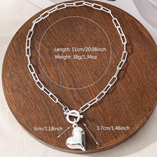 14K Gold Plated Two Sides Carved Stone Heart Shape Necklace for Women Love Pendant Necklace Jewelry for Daily and Gifts - color: Silver Heart