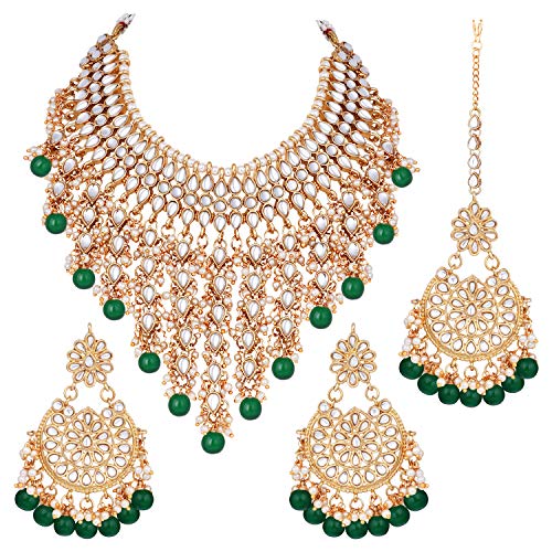 Aheli Elegant Indian Wedding Wear Faux Kundan Studded Choker Necklace with Maang Tikka Set Ethnic Fashion Jewelry for Women Maroon Kundan & Pearl Drop - color: Green