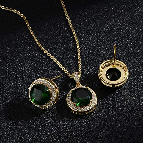 Bridal Crystal Jewelry Set - Sterling Silver Round Cubic Zirconia CZ Rhinestone Halo Birthstone Pendant Necklace Stud Earrings Set for Wedding Bride Bridesmaids Birthday Gift - color: Emerald Green